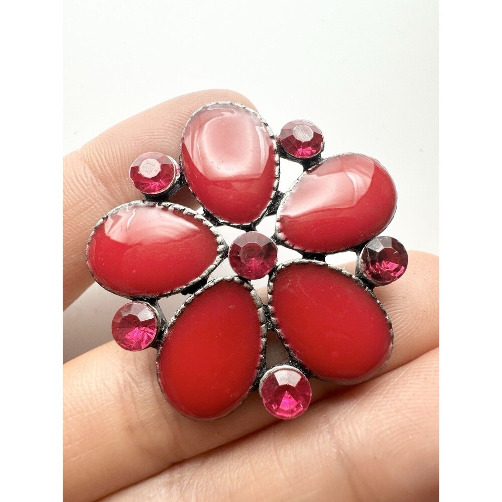 Red Enamel Flower Rhinestone Pin Brooch